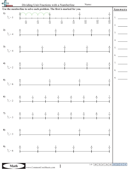 5.nf.7a Worksheets - Numberline Unit Fraction by Whole worksheet